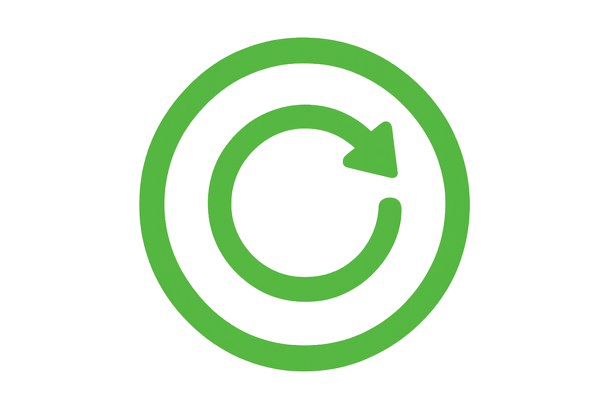 Ícono minimalista con fondo transparente, un círculo verde con una flecha circular que transmite renovación y energía constante, estilo moderno, sensación de vitalidad y equilibrio.