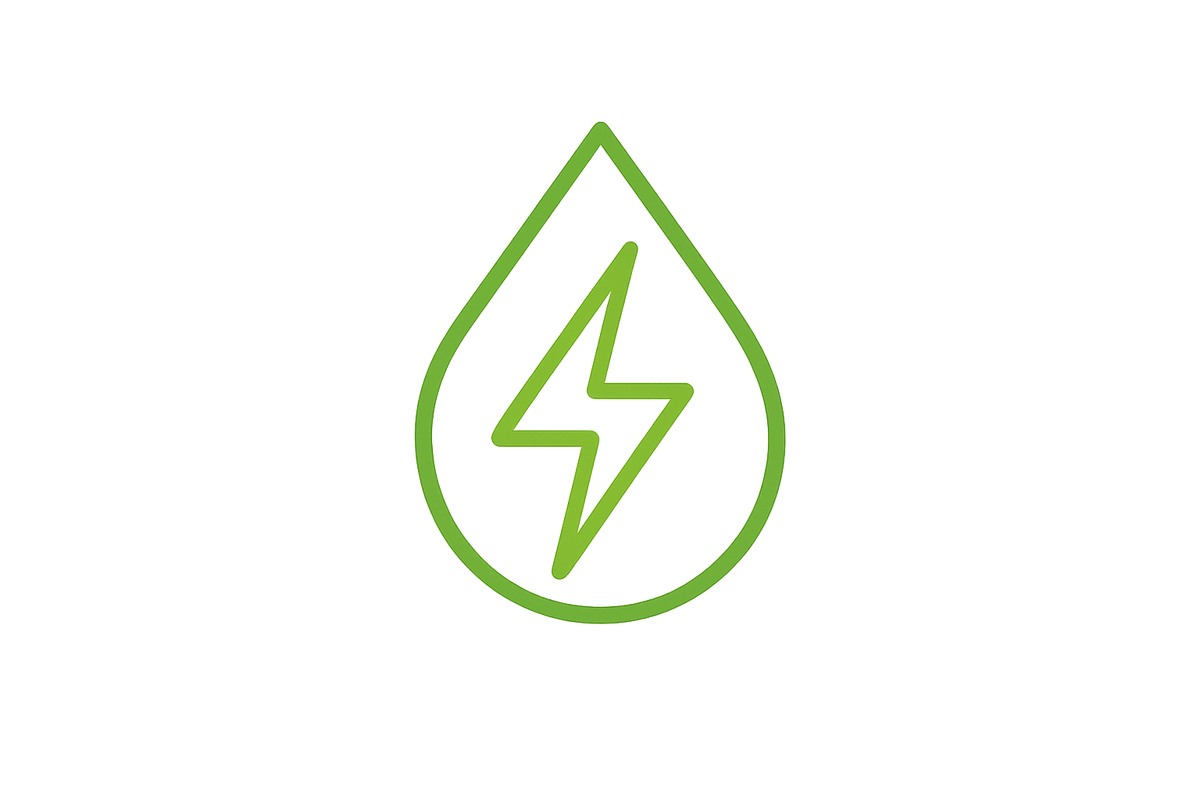 Ícono minimalista, línea fina, fondo blanco, un rayo verde brillante combinado con una gota fresca de color verde, estilo limpio y moderno, sensación de energía y vitalidad.