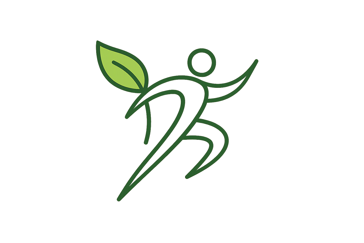 Ícono minimalista, línea fina, fondo transparente, una figura humana en movimiento combinada con una hoja verde, estilo moderno y fresco, sensación de equilibrio, fuerza y rendimiento deportivo.