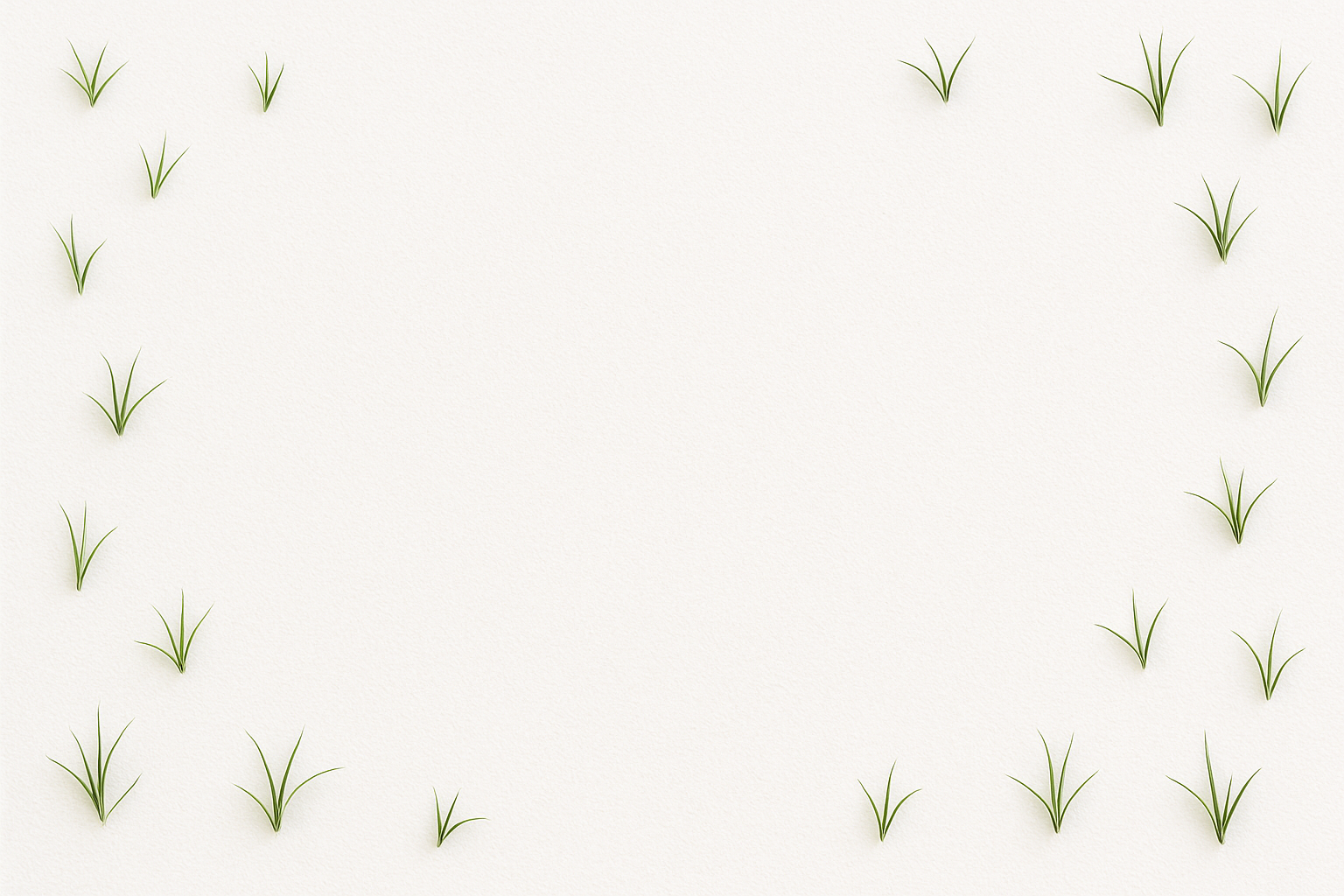Fondo blanco minimalista con mechitas minúsculas de pasto verde, muy pequeñas y delicadas, repartidas de forma desordenada solo en los bordes y esquinas de la imagen, sin raíz, cada mechita formada por 3 hojitas finas, estilo realista pero sutil, centro totalmente limpio para texto, diseño fresco y natural.