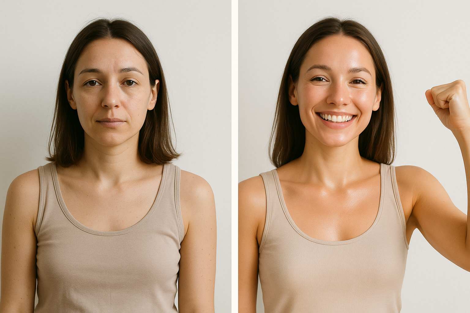 Imagen de antes y después, concepto de bienestar interior, lado izquierdo con rostro y cuerpo ligeramente apagados, lado derecho con piel más luminosa, sonrisa relajada, gesto de vitalidad, estilo realista, luz natural, fondo minimalista blanco, sensación de limpieza y renovación, pensado para productos naturales como clorofila.