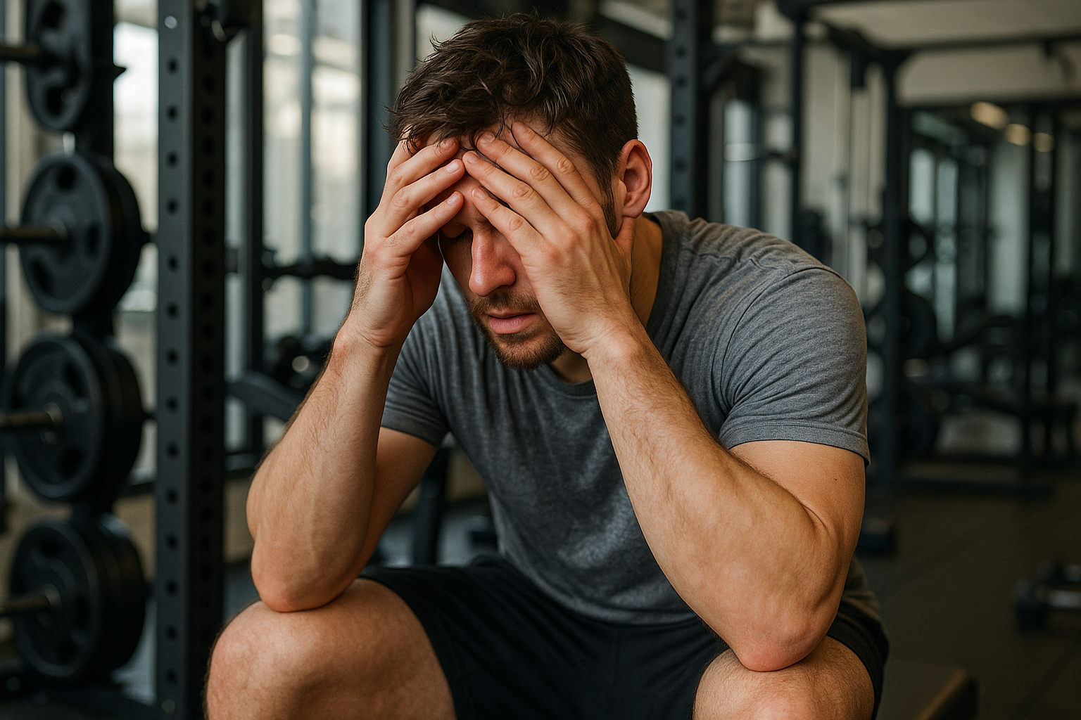 persona cansada con las manos en la frente en un gimnasio